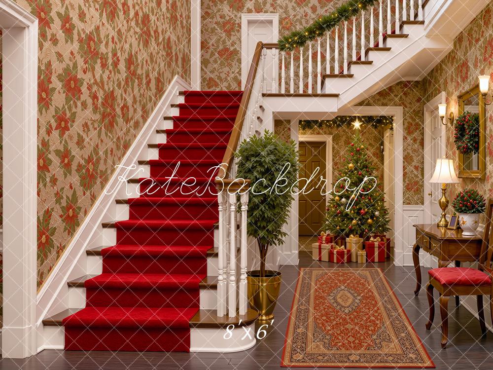 Kate Christmas Staircase Vintage Red Christmas Tree Printed Backdrop Designed by Shutter Swan Studios