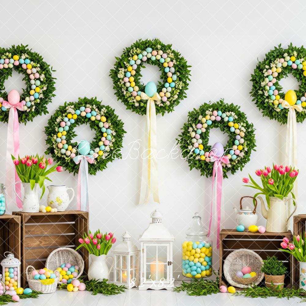 Kate Easter Wreath Pastel Eggs Tulips Crates Backdrop Designed by Patty Roberts