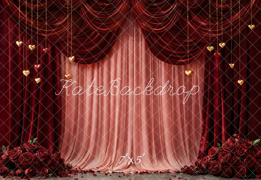 Kate Valentine's Day Red Curtains Pink Drapes Gold Hearts Roses Backdrop Designed by Emetselch