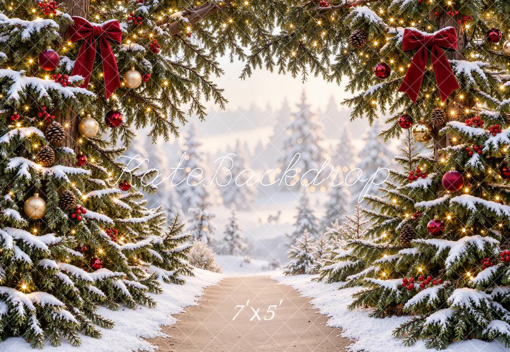 Kate Christmas Trees Snowy Pine Arch Forest Path Printed Backdrop Designed by Emetselch