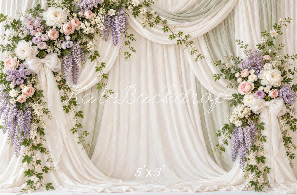 Kate Spring Floral Elegant White Drapes Bow Printed Backdrop Designed by Emetselch