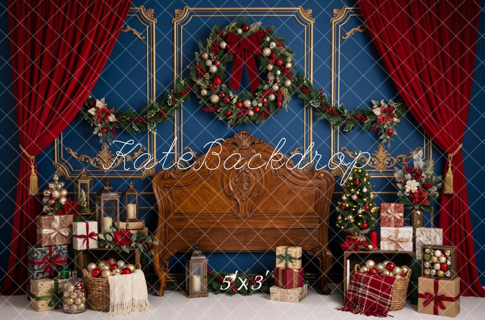 Kate Christmas Headboard Wreath Red Curtains Gifts Printed Backdrop Designed by Patty Roberts