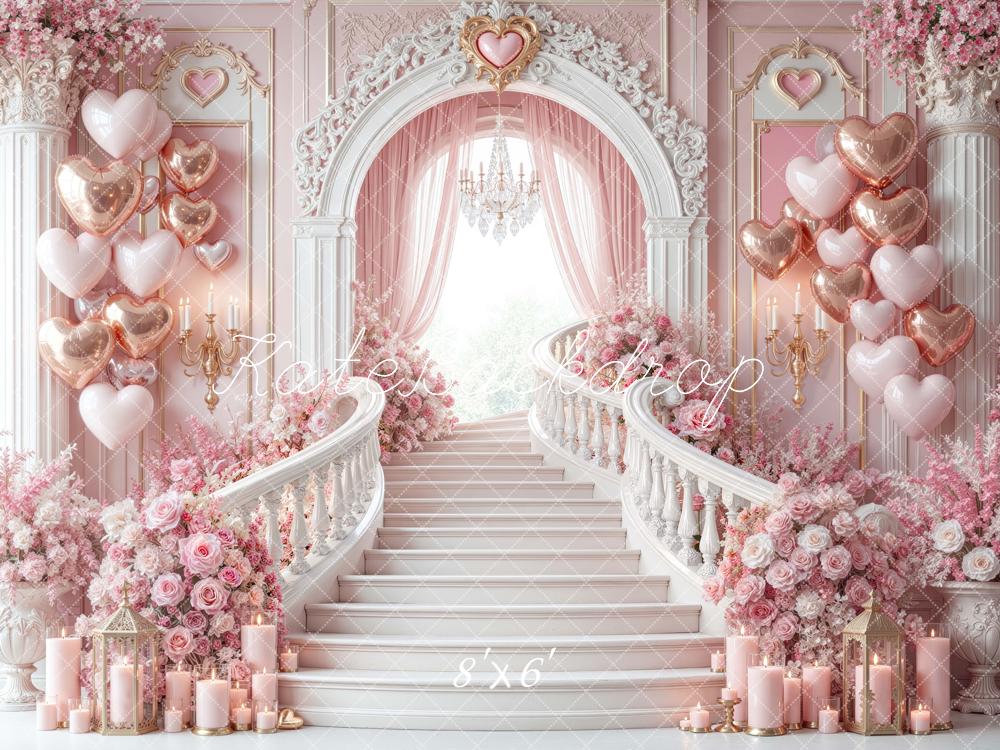 Kate Valentine's Day Staircase Pink Heart Balloon Floral Printed Backdrop Designed by Mini MakeBelieve