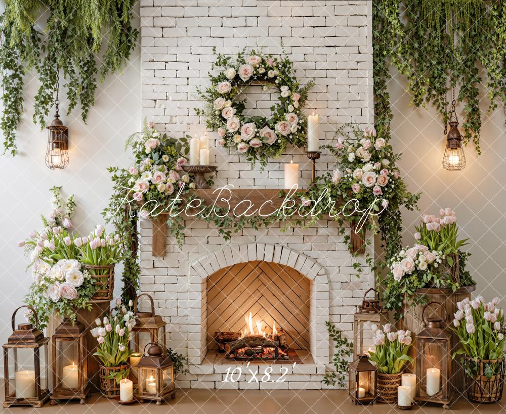 Kate White Brick Fireplace Floral Lanterns Backdrop Designed by Emetselch