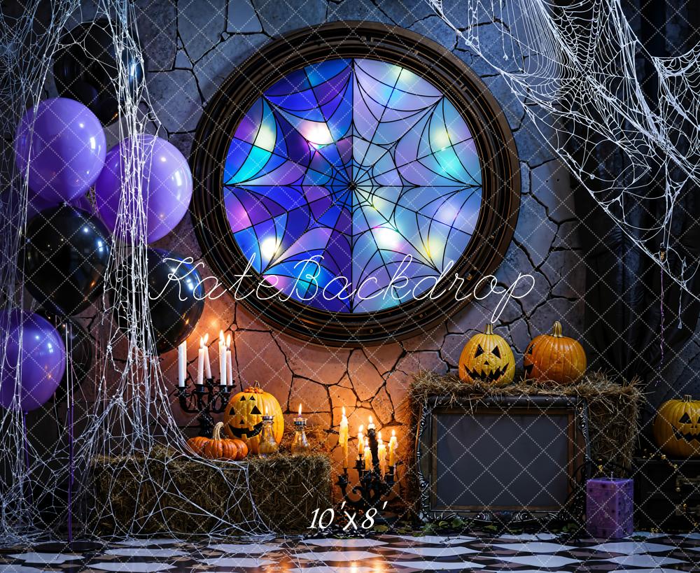 Kate Halloween Stained Glass Spider Web Window Pumpkins Balloons Backdrop Designed by Emetselch
