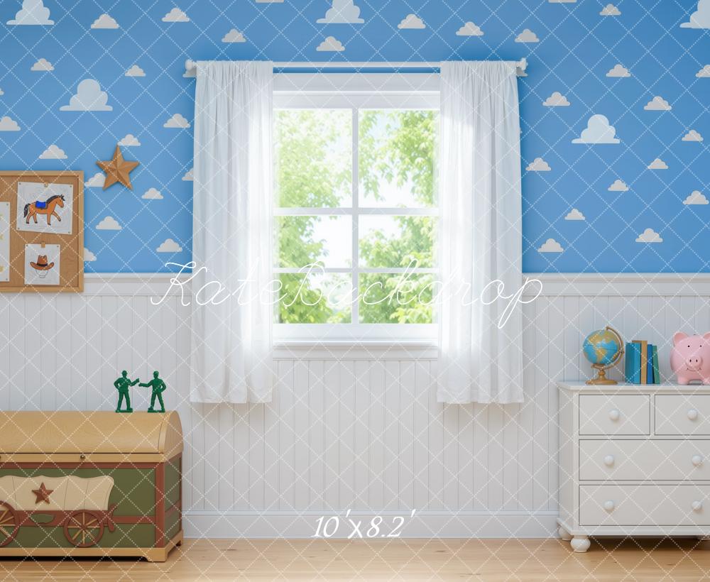 Kate Toys Room Blue Cloud Window Curtains Printed Backdrop Designed by Mini MakeBelieve