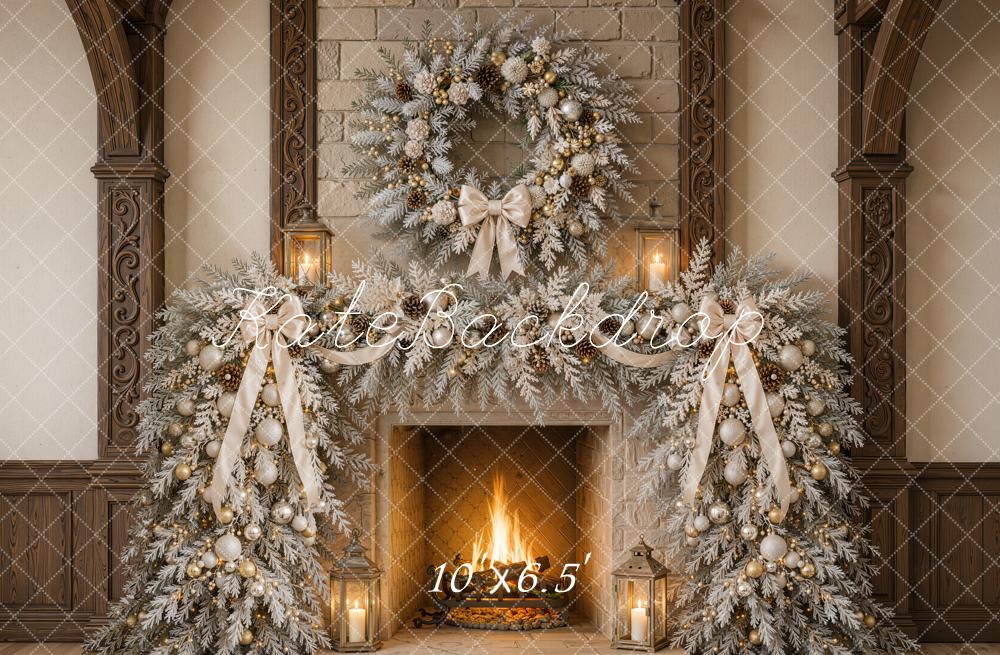 Kate Christmas Fireplace Wreath Garland Lanterns Printed Backdrop Designed by Emetselch
