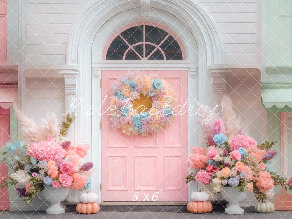 Kate Fall Pastel Front Door Flower Arch Pumpkins Backdrop Designed by Mini MakeBelieve