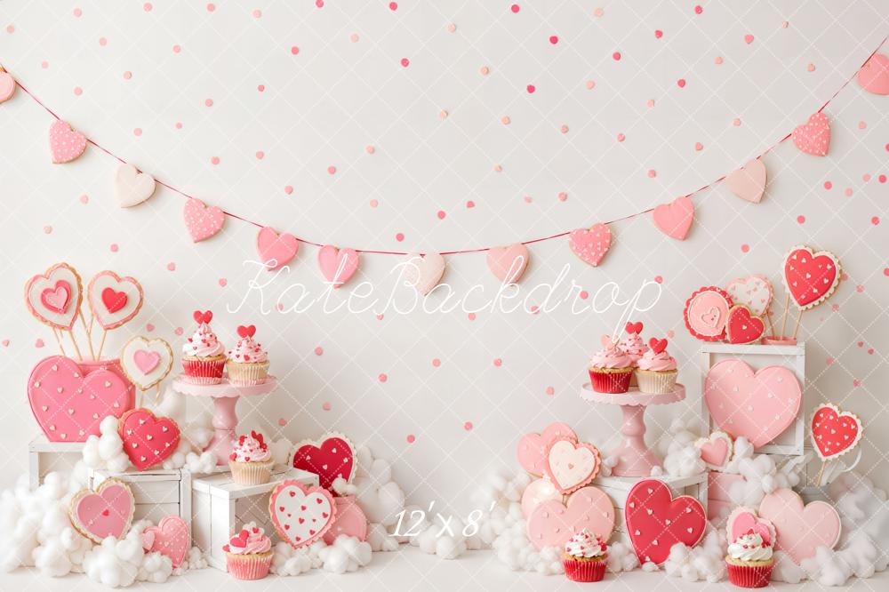 Kate Valentine's Day Birthday Pink Heart Cupcake Dessert Table Printed Backdrop Designed by Emetselch