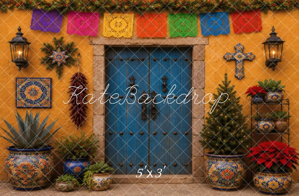 Kate Mexican Christmas Orange Hacienda Door Papel Picado Printed Backdrop Designed by Vertigo Productions