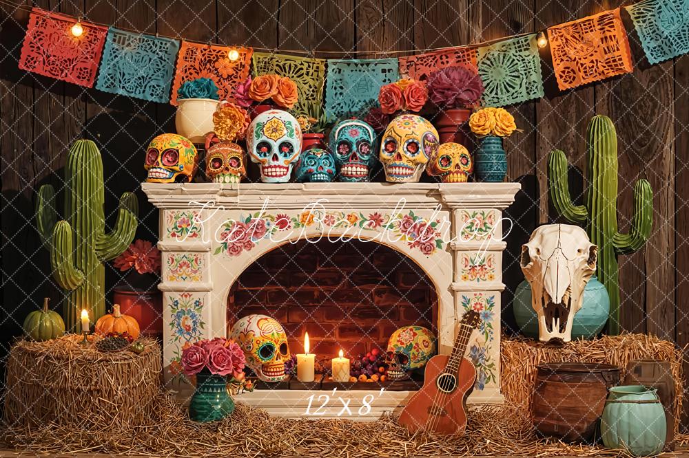 Kate Day Of The Dead Fireplace Skulls Guitar Cactus Papel Picado Backdrop Designed by Emetselch