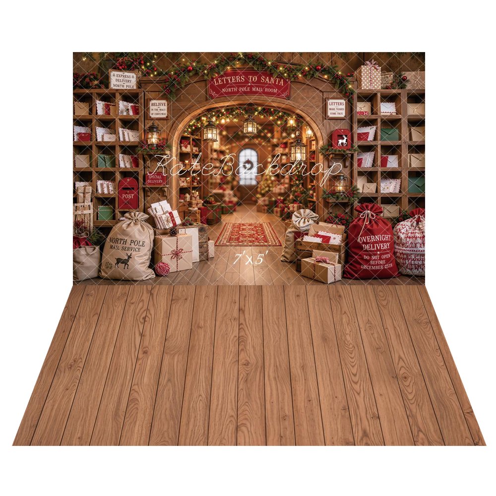 Kate Christmas Mail Room Letters to Santa Workshop Printed Backdrop+Brown Wood Plank Retro Wall Printed Backdrop