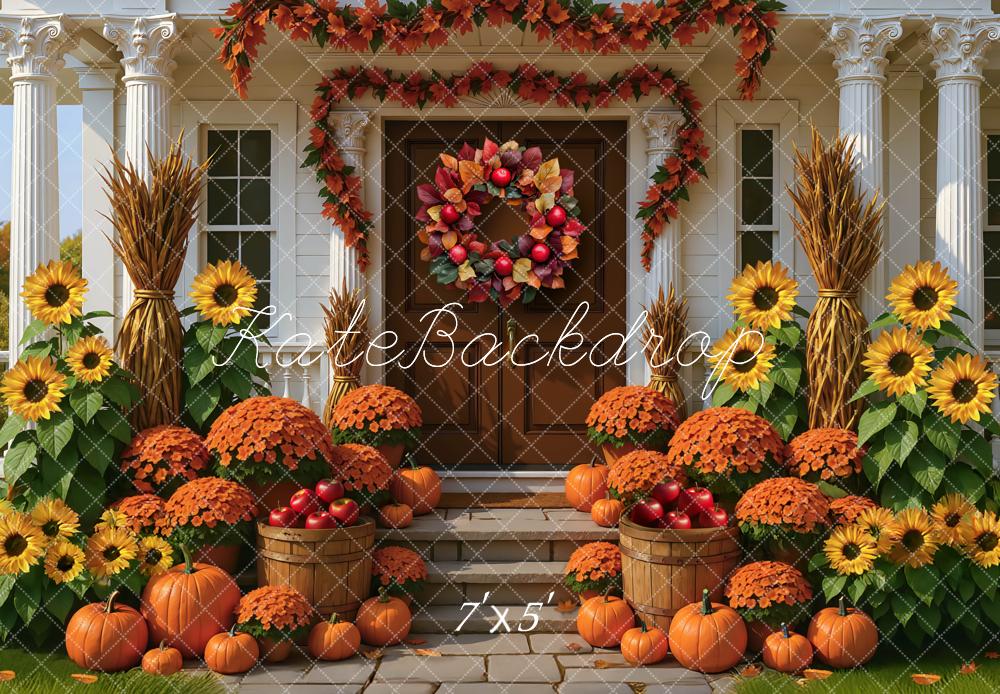 Kate Fall Sunflowers Pumpkins Front Porch Wreath Backdrop Designed by Mini MakeBelieve