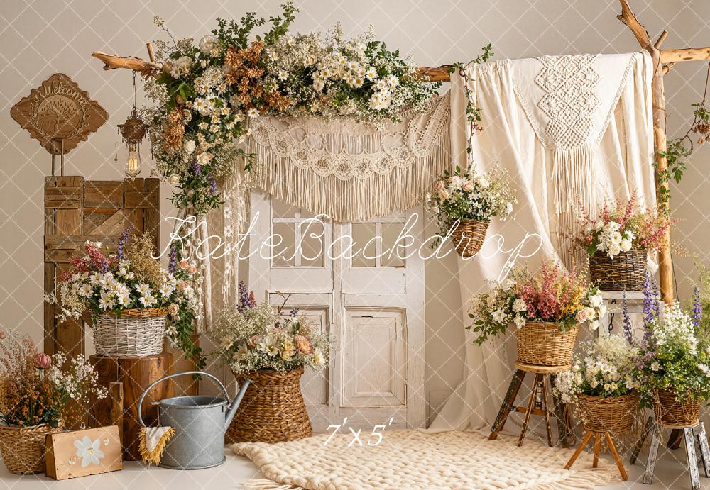 Kate Boho Flower Arch Macrame Wicker Baskets Neutral Backdrop Designed by Emetselch