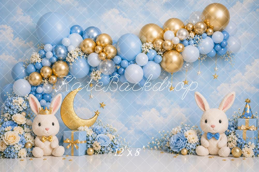 Kate Cake Smash Blue Bunny Balloon Arch Moon Stars Printed Backdrop Designed by Caitlin Lynch