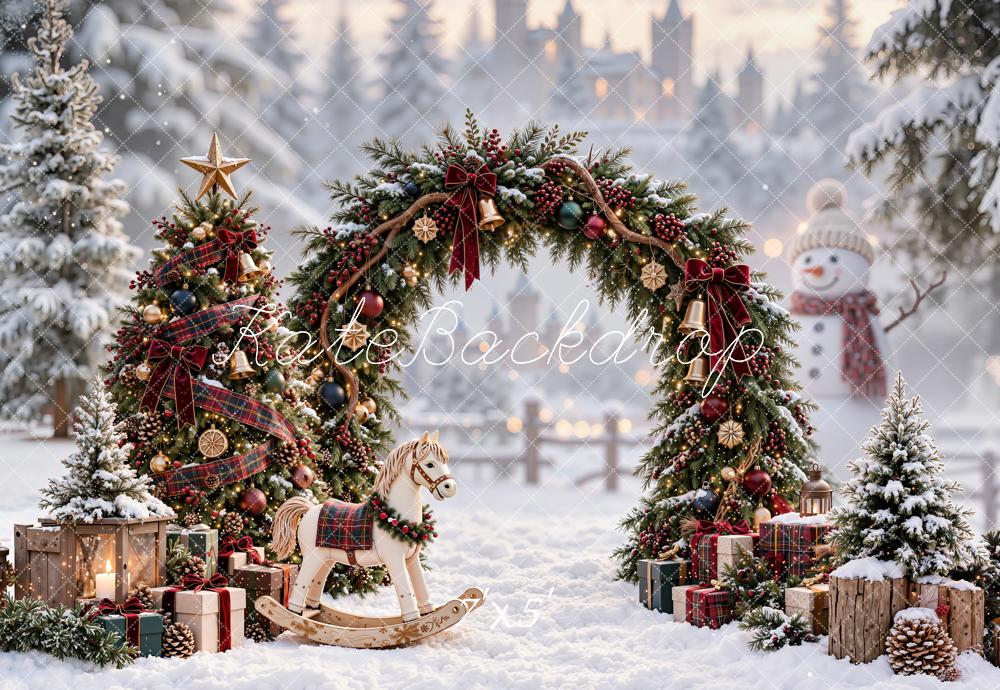 Kate Christmas Pine Arch Plaid Tree Rocking Horse Snowy Village Printed Backdrop Designed by Emetselch