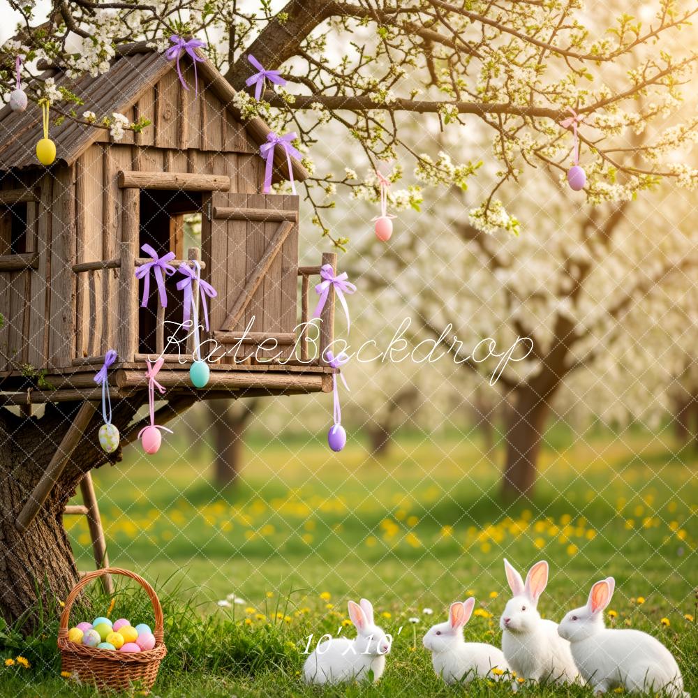 Kate Easter Bunny Treehouse Pastel Eggs Meadow Printed Backdrop Designed by Patty Roberts