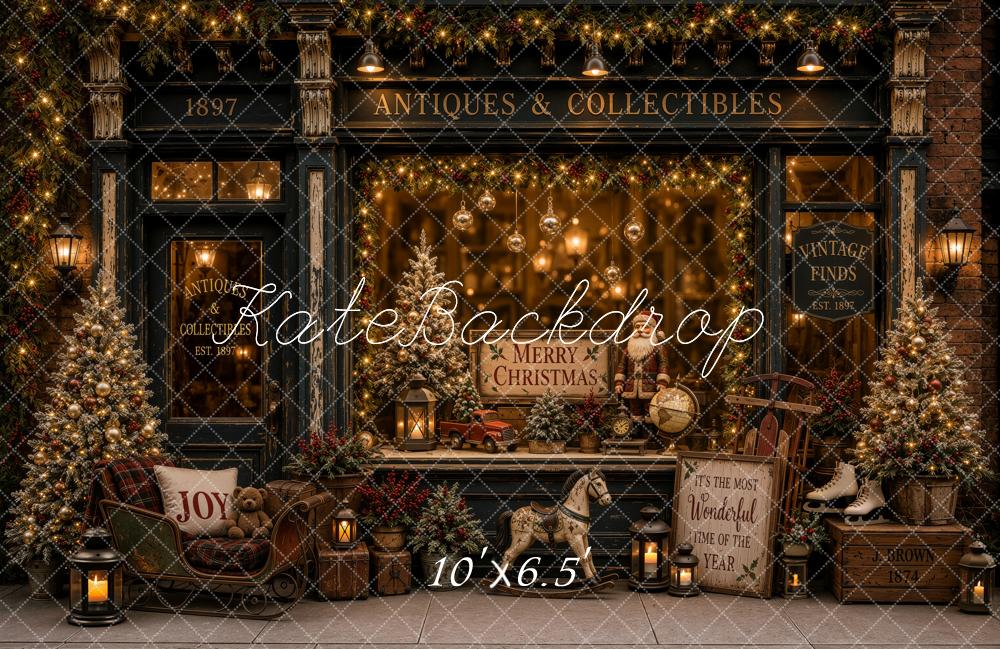 Kate Christmas Antique Window Display Storefront Garland Trees Sled Printed Backdrop Designed by Ashley Ward