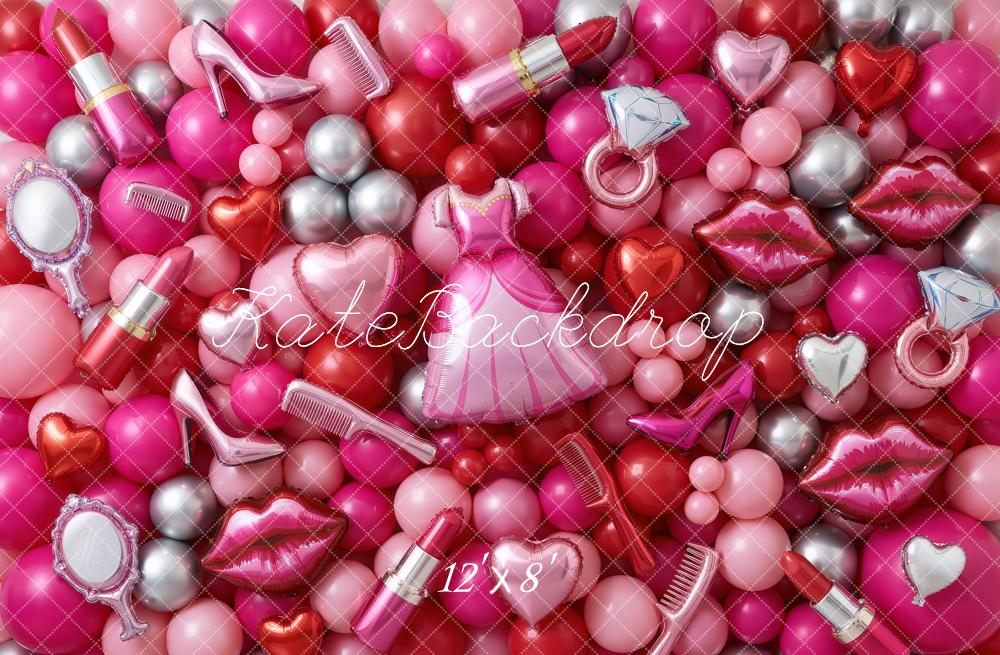 Kate Makeup Pink Balloons Dress High Heels Lipstick Printed Backdrop Designed by Chain Photography