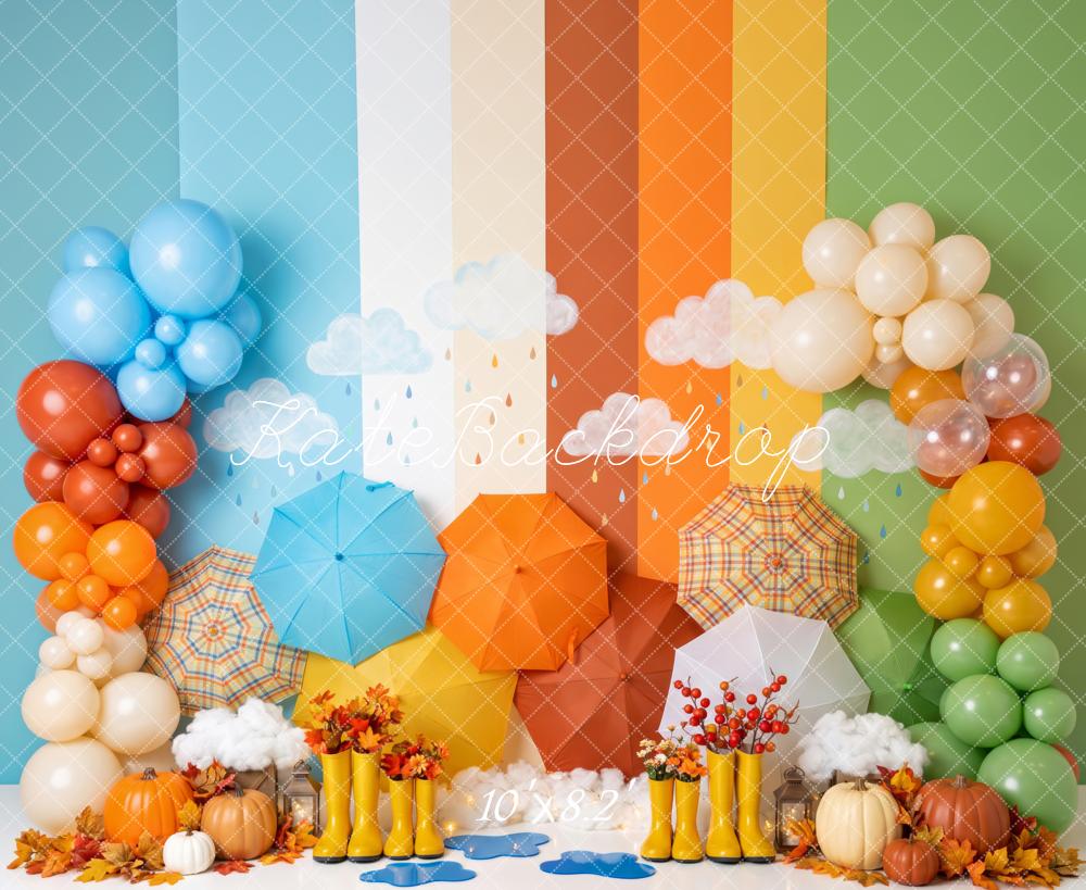 Kate Fall Birthday Rainbow Umbrellas Balloons Pumpkins Printed Backdrop Designed by Patty Roberts