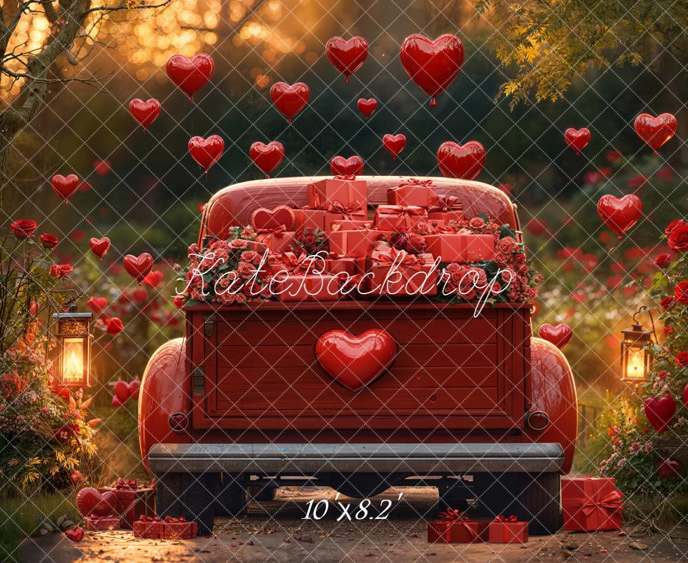 Kate Valentine's Day Red Truck Hearts Balloons Roses Gift Boxes Backdrop Designed by Emetselch