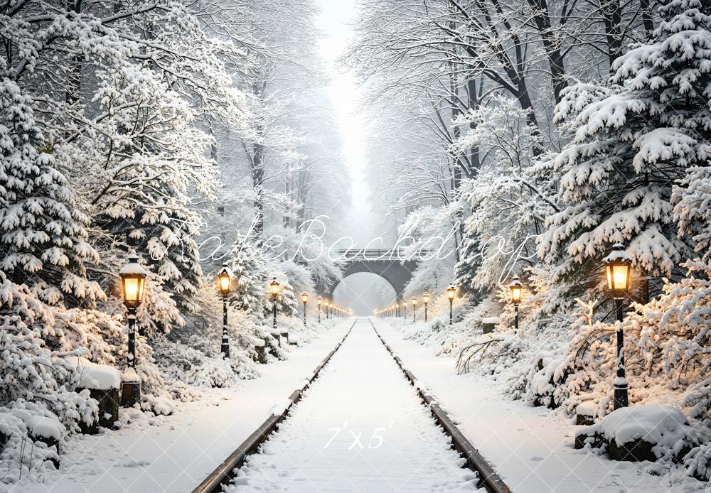 Kate Winter Snowy Forest Railway Tunnel with Lamp Posts Printed Backdrop Designed by Mini MakeBelieve