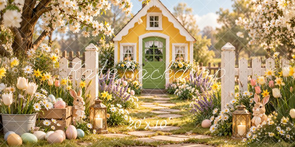 Kate Easter Yellow Cottage Garden Cherry Blossoms Bunny Printed Backdrop Designed by Emetselch