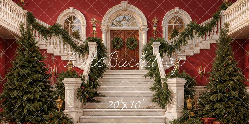 Fondo de Escaleras en Cascada de Navidad en Mansion Roja con Guirnaldas y Árboles Diseñado por Emetselch