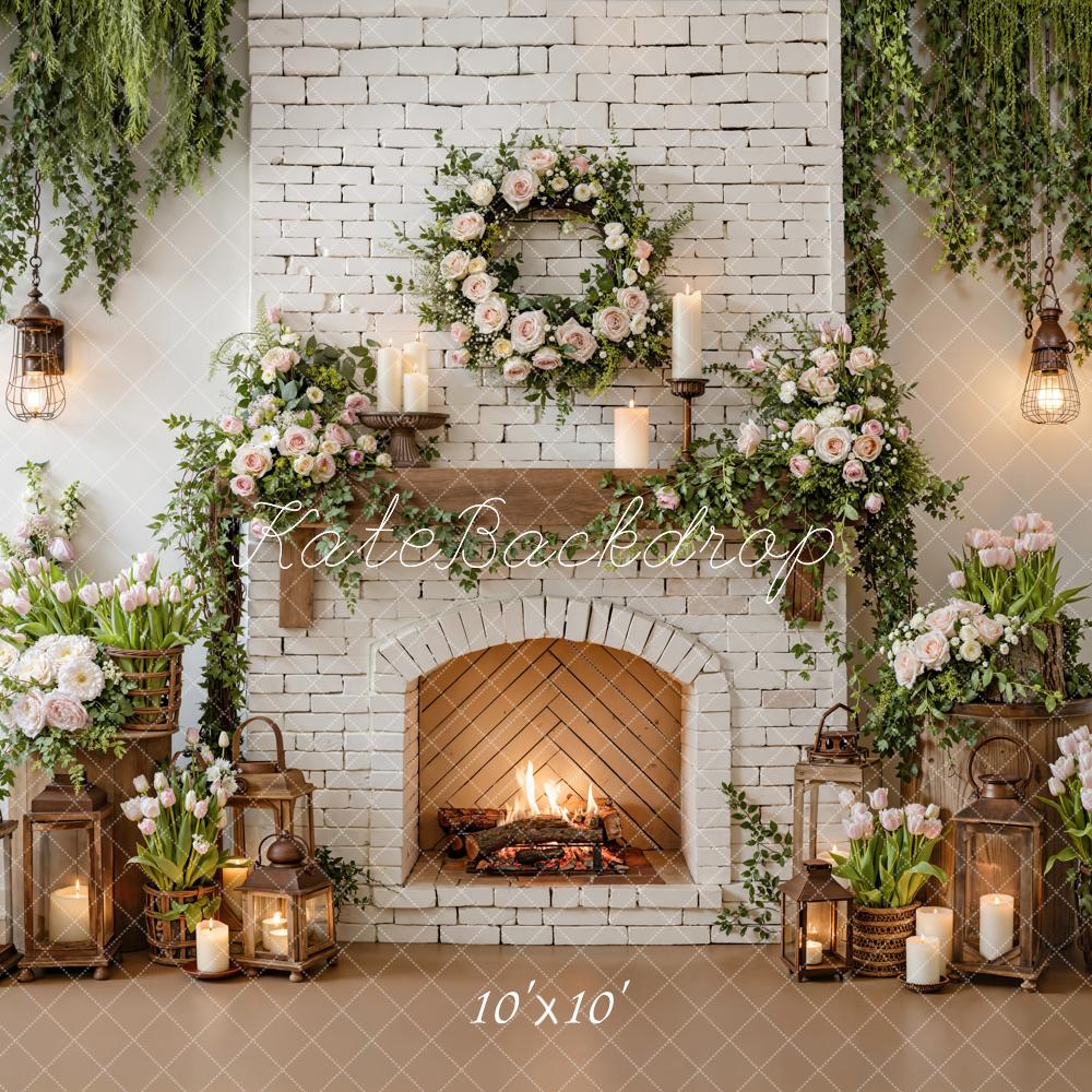 Kate White Brick Fireplace Floral Lanterns Backdrop Designed by Emetselch