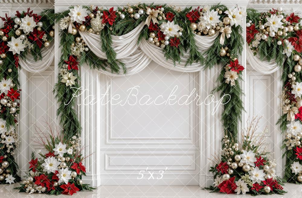 Kate Christmas Floral Garland Draped Panel Wall Printed Backdrop Designed by Mini MakeBelieve