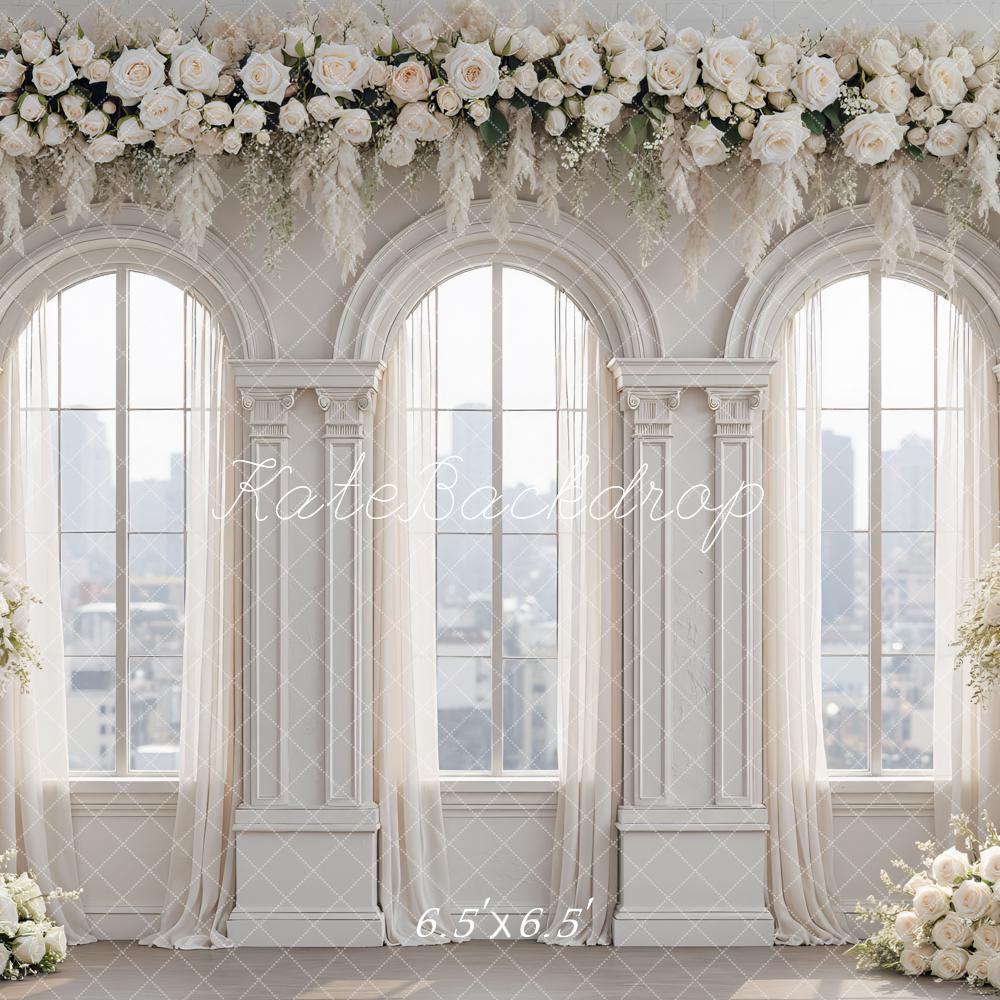 Kate White Flower Arch Windows Columns Printed Backdrop Designed by Mini MakeBelieve