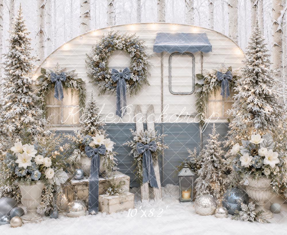 Kate Christmas Snowy Blue Camper Bow Wreaths Printed Backdrop Designed by Ashley Paul