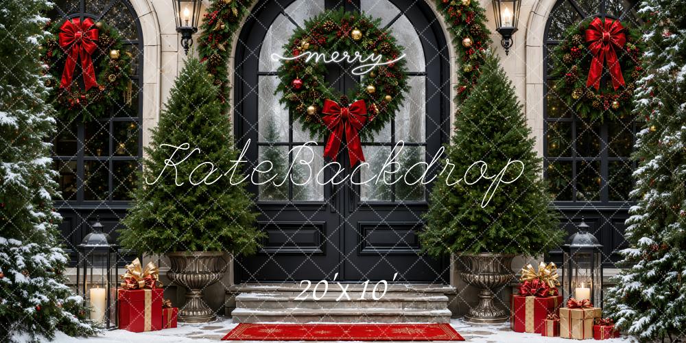 Kate Christmas Retro Black Entryway Arched Doorway Wreaths Trees Bows Printed Backdrop Designed by Emetselch