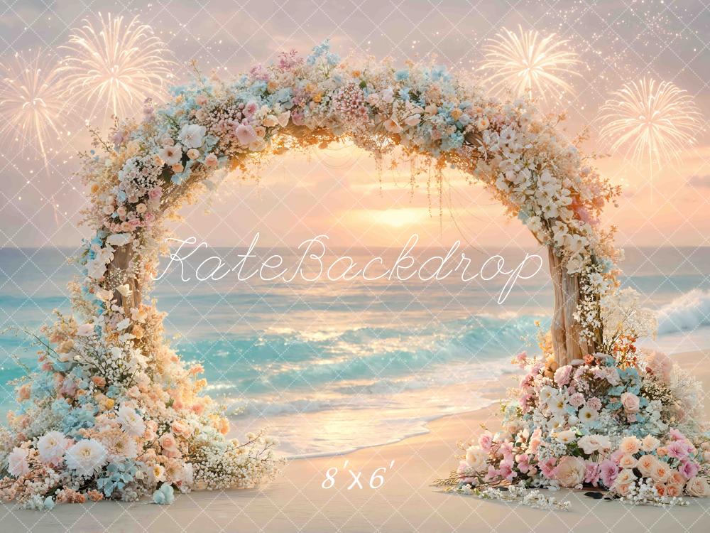 Kate Beach Sunset Flower Arch  Fireworks Printed Backdrop Designed by Mini MakeBelieve