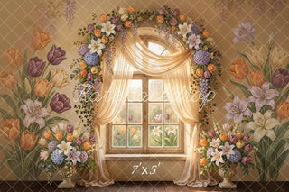 Kate Spring Flower Arch Window Tulip Lily Floral Printed Backdrop Designed by Emetselch