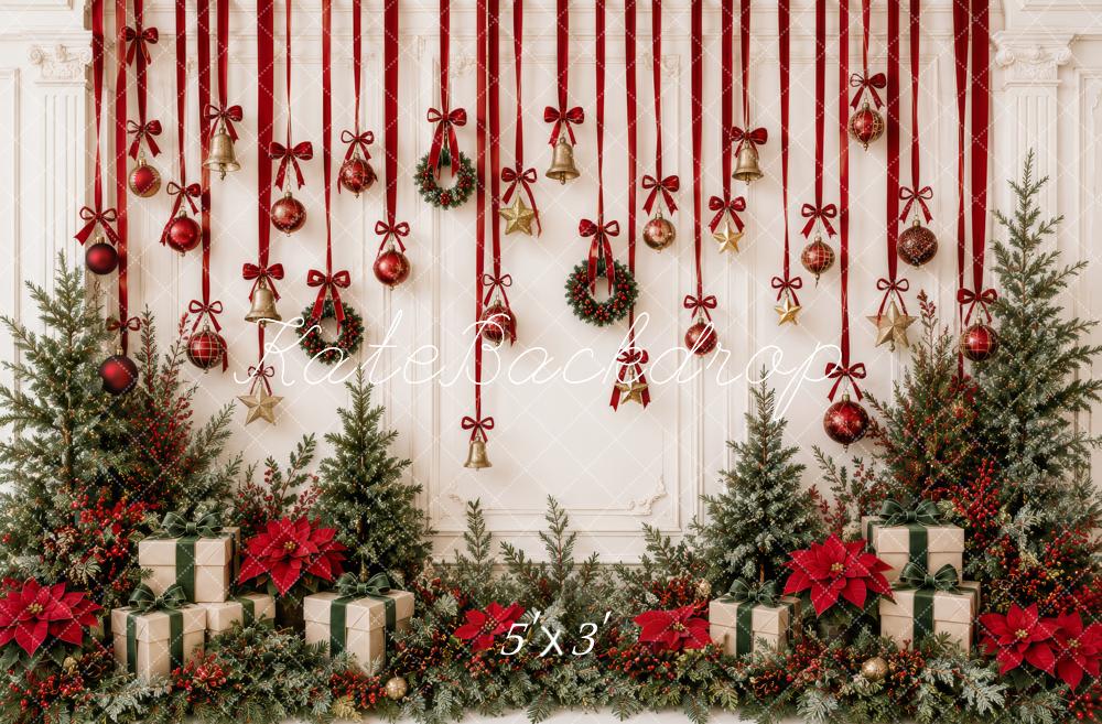 Kate Christmas Red Ribbon Bells Ornaments Greenery Gifts Printed Backdrop Designed by Patty Roberts