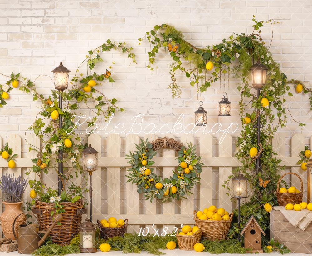 Kate Summer Lemon Vine Lantern Basket Rustic Fence Printed Backdrop Designed by Emetselch
