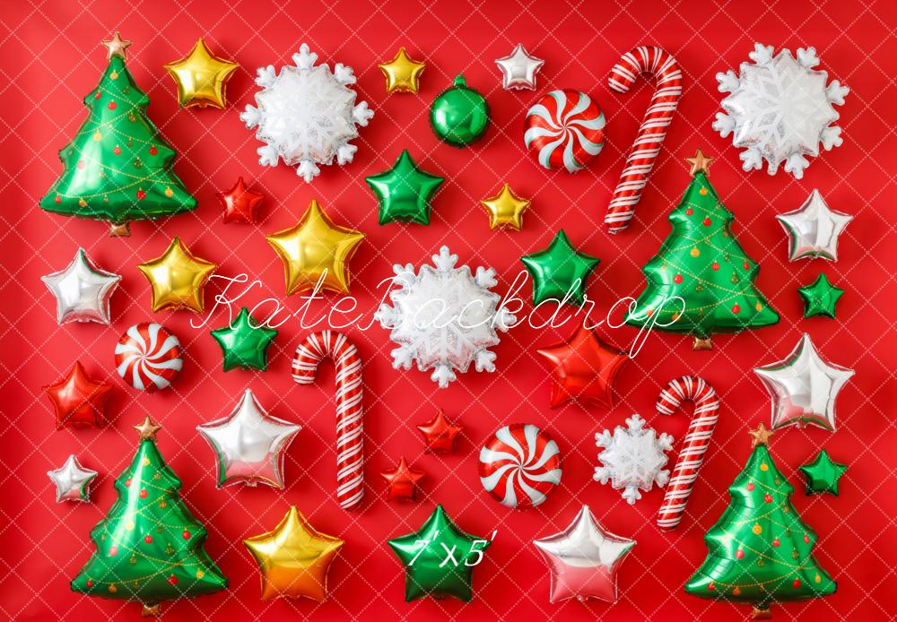 Kate Christmas Balloons Tree Candy Cane Star Snowflake Red Printed Backdrop Printed Backdrop Designed by Patty Roberts