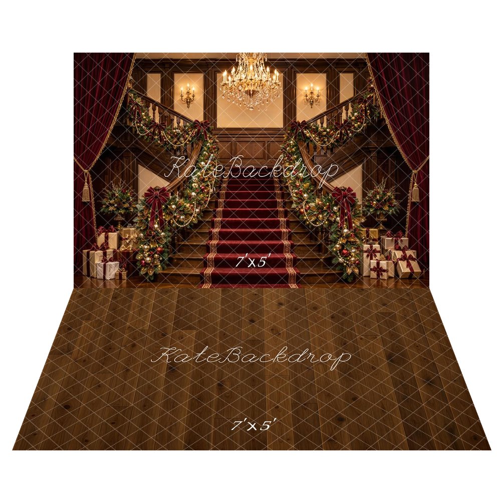 Kate Christmas Grand Staircase Chandelier Garland Printed Backdrop+Brown Wood Panel Floor Printed Backdrop