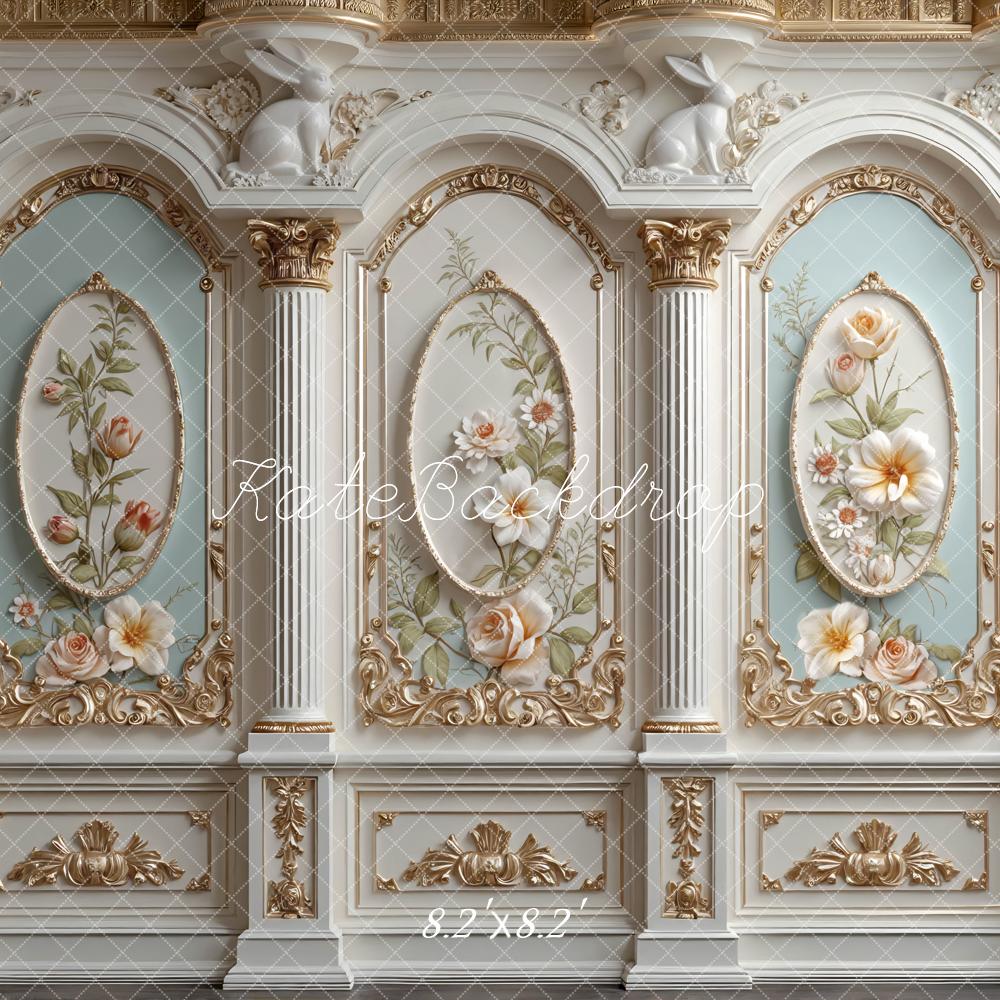 Kate Spring Ornate Floral Panel Column Rabbit Printed Backdrop Designed by Mini MakeBelieve