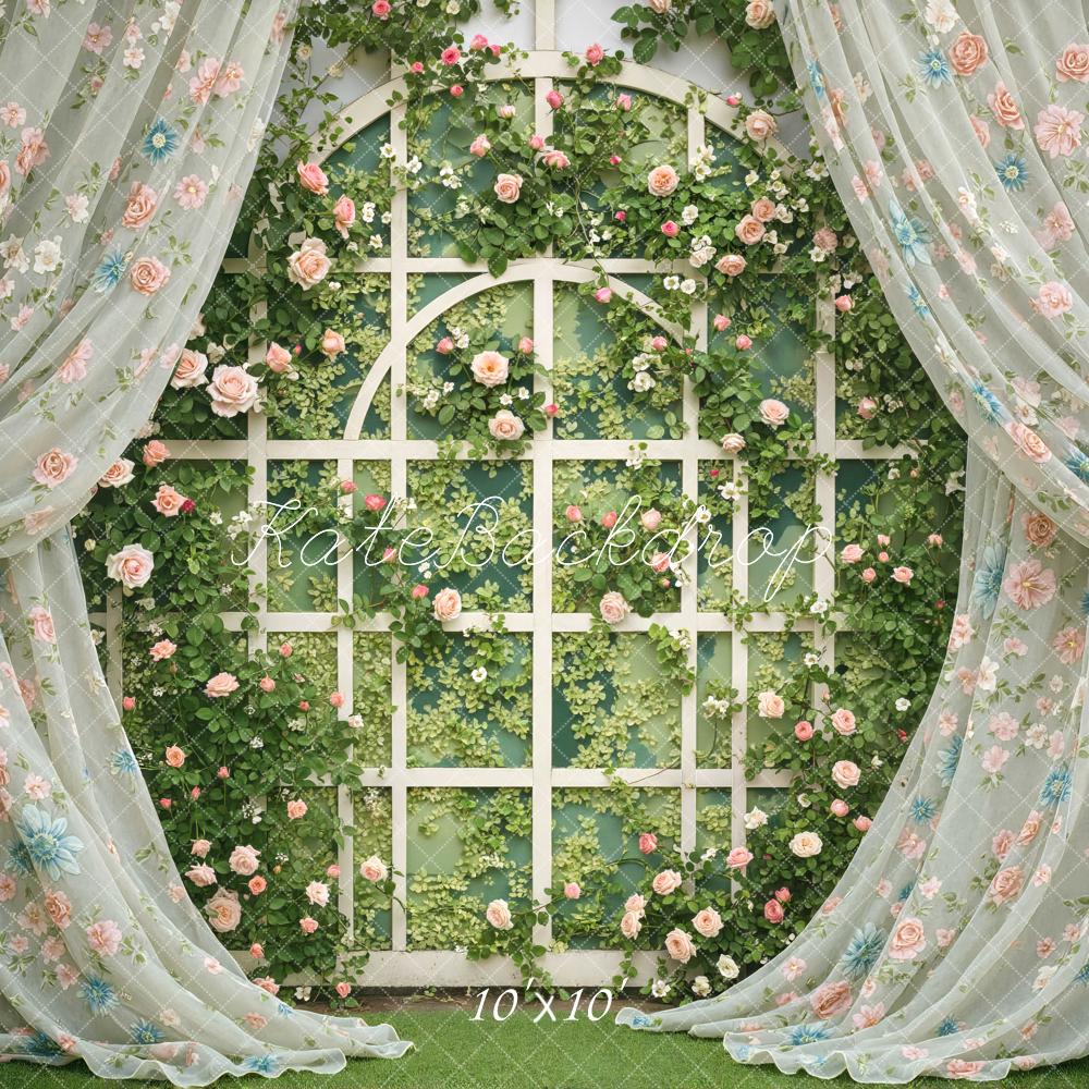 Kate Summer Floral Trellis with Sheer Curtains Printed Backdrop Designed by Mini MakeBelieve