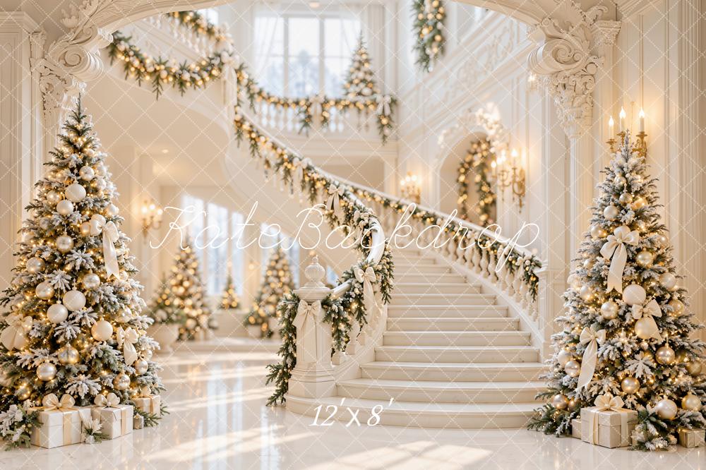 Kate Christmas Trees White Grand Staircase Garland Luxury Printed Backdrop Designed by Emetselch