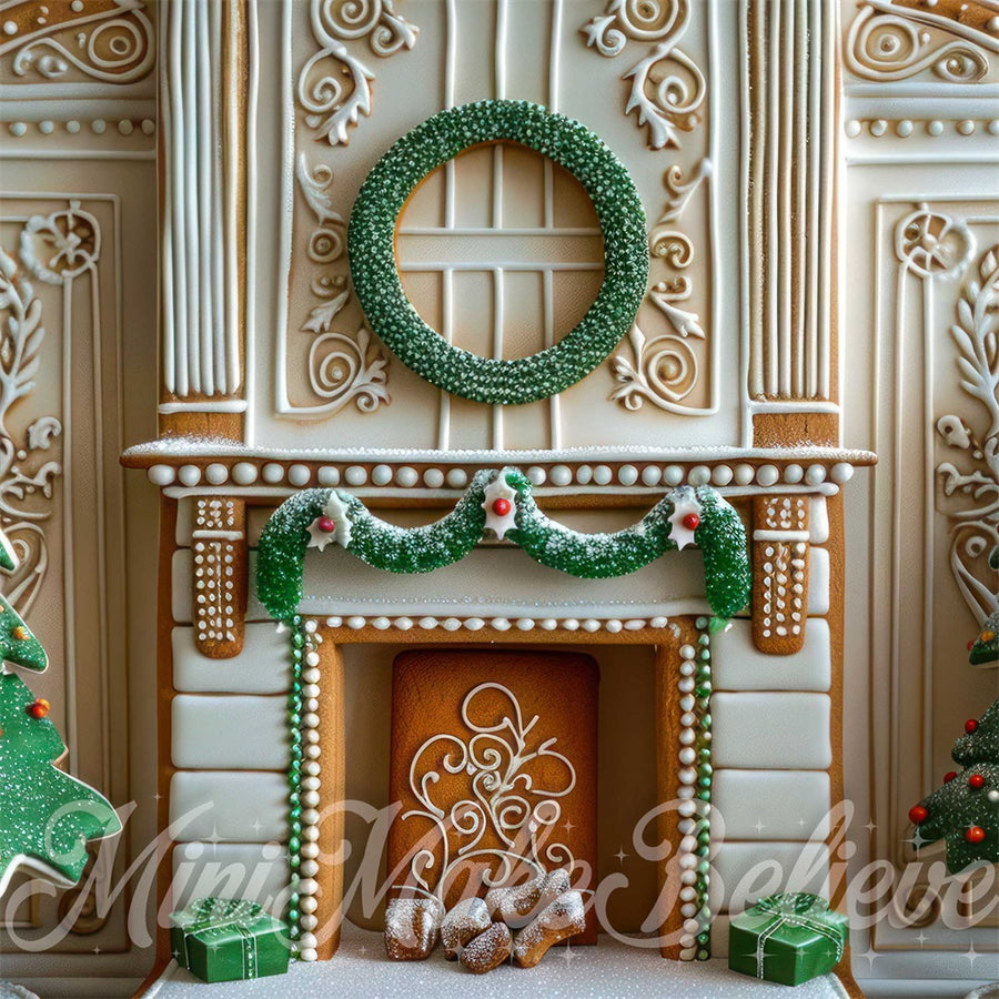 Kate Christmas Indoor Colorful Gingerbread Fireplace Backdrop Designed