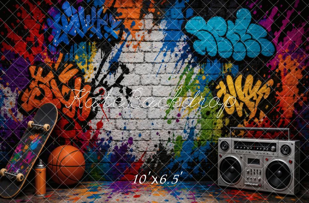 Kate Graffiti Brick Wall Skateboard Basketball Boombox Printed Backdrop Designed by Vertigo Productions