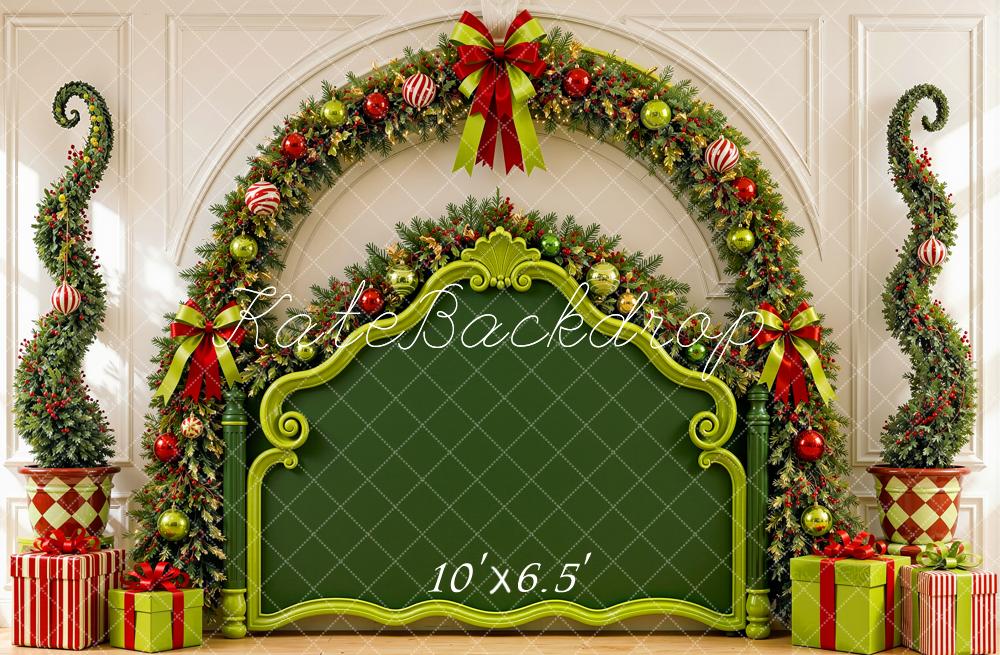 Kate Christmas Headboard Elf Green Garland Presents Printed Backdrop Designed by Shutter Swan Studios