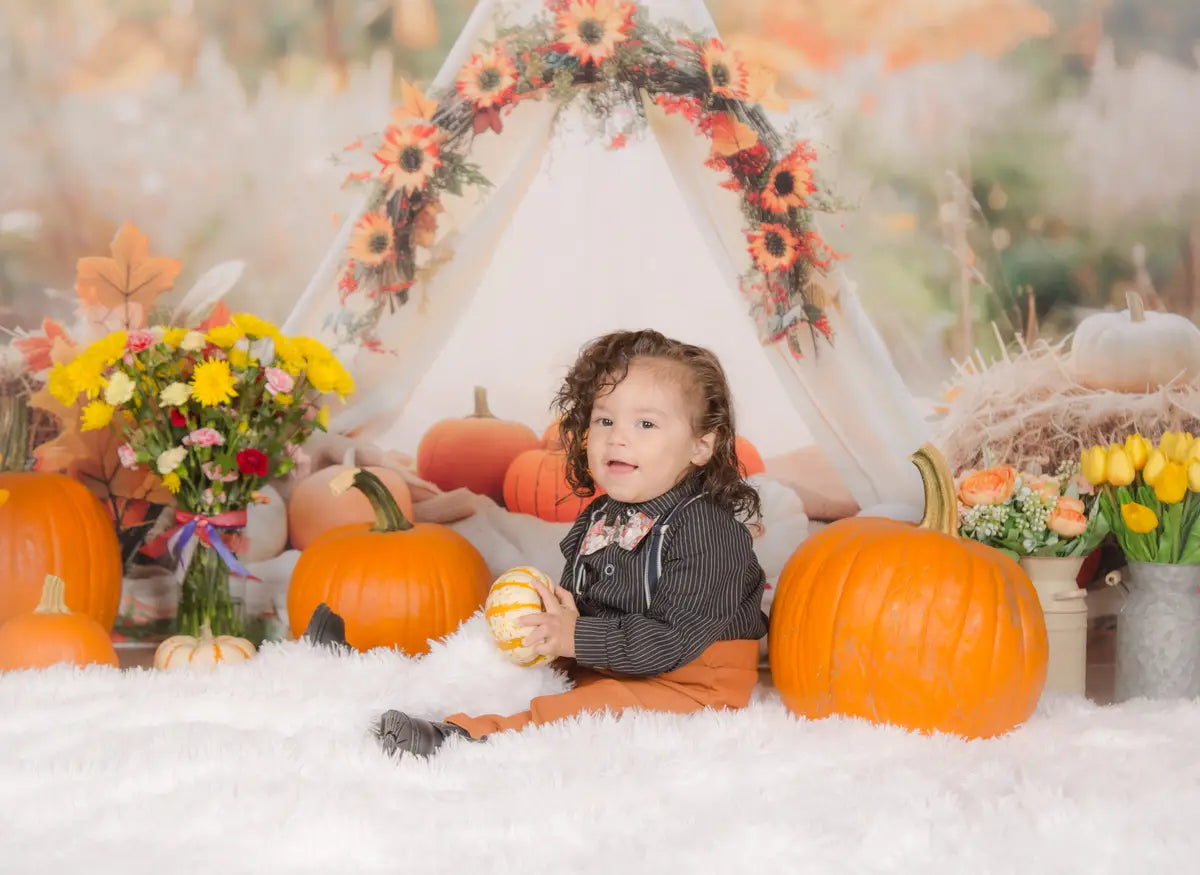 Kate Fall White Teepee Decorated With Pumpkins Backdrop Designed by Patty Robert