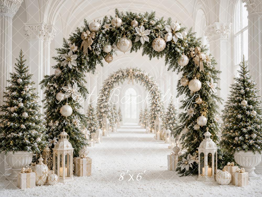 Kate Christmas Flower Archway White Gold Trees Lanterns Columns Printed Backdrop Designed by Emetselch