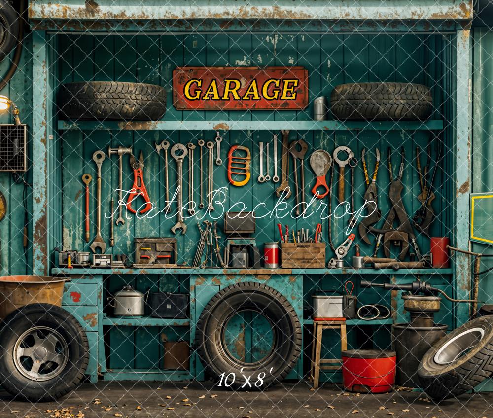 Kate Industrial Vintage Garage Tools Tire Backdrop Designed by Emetselch