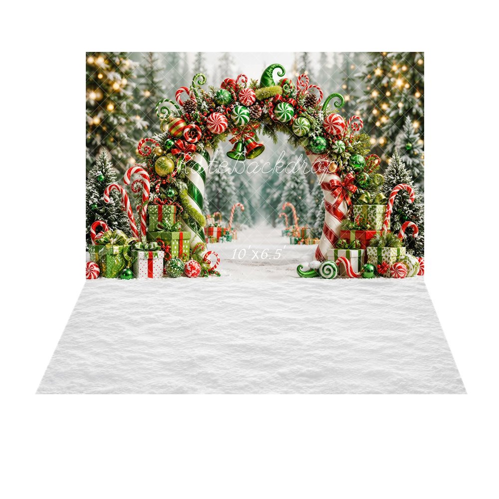 Kate Christmas Fantasy Green Candy Arch Forest Presents Printed Backdrop+White Snow Abstract Texture Printed Backdrop
