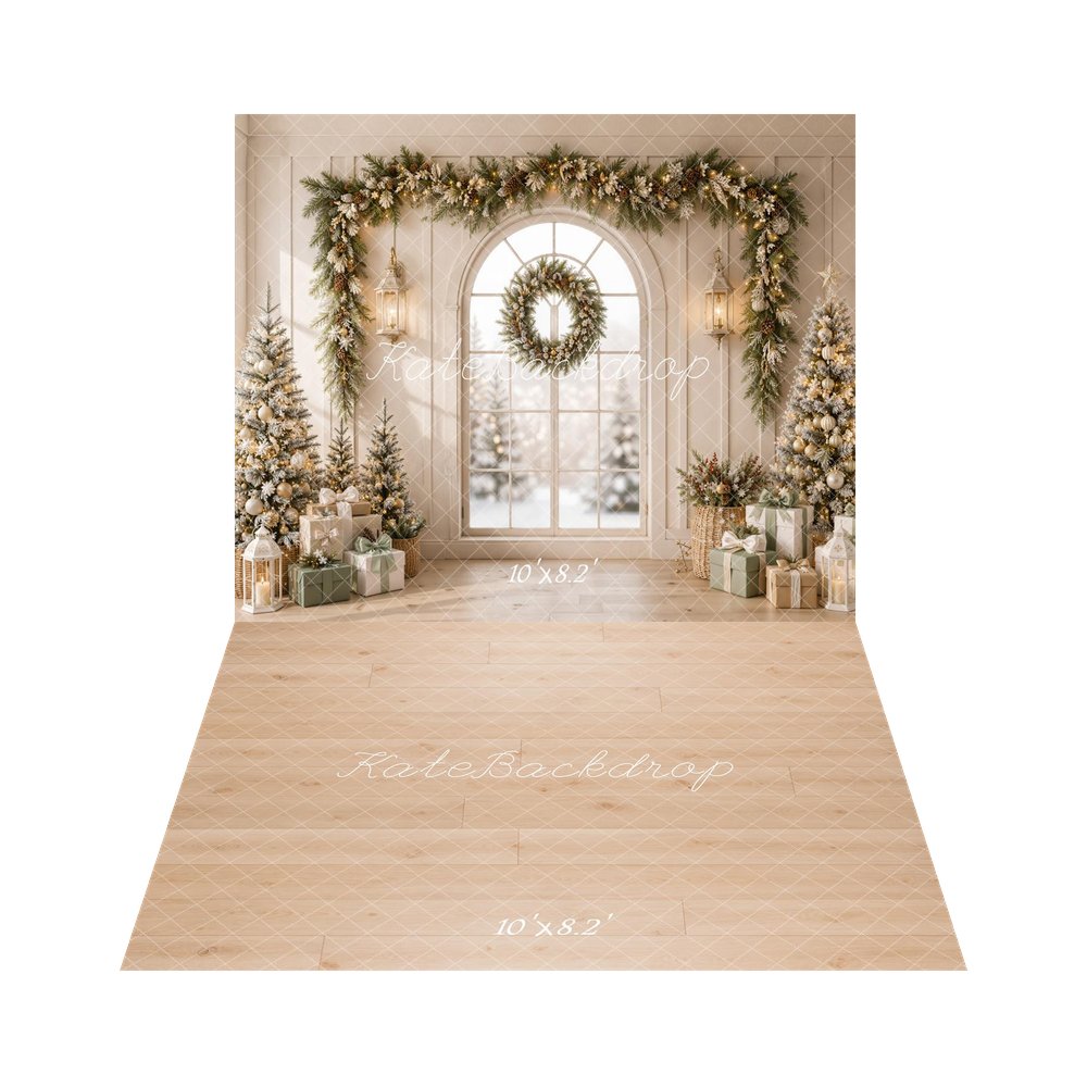 Kate Christmas Window Pine Garland Arch Printed Backdrop+Light Wood Plank Floor Printed Backdrop
